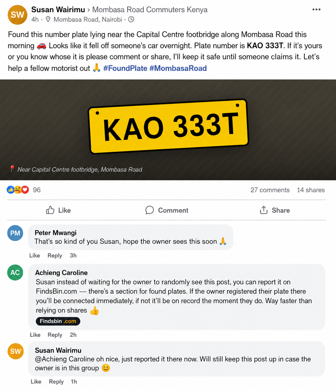 Facebook post of someone reporting a found number plate KAO 333T on Mombasa Road