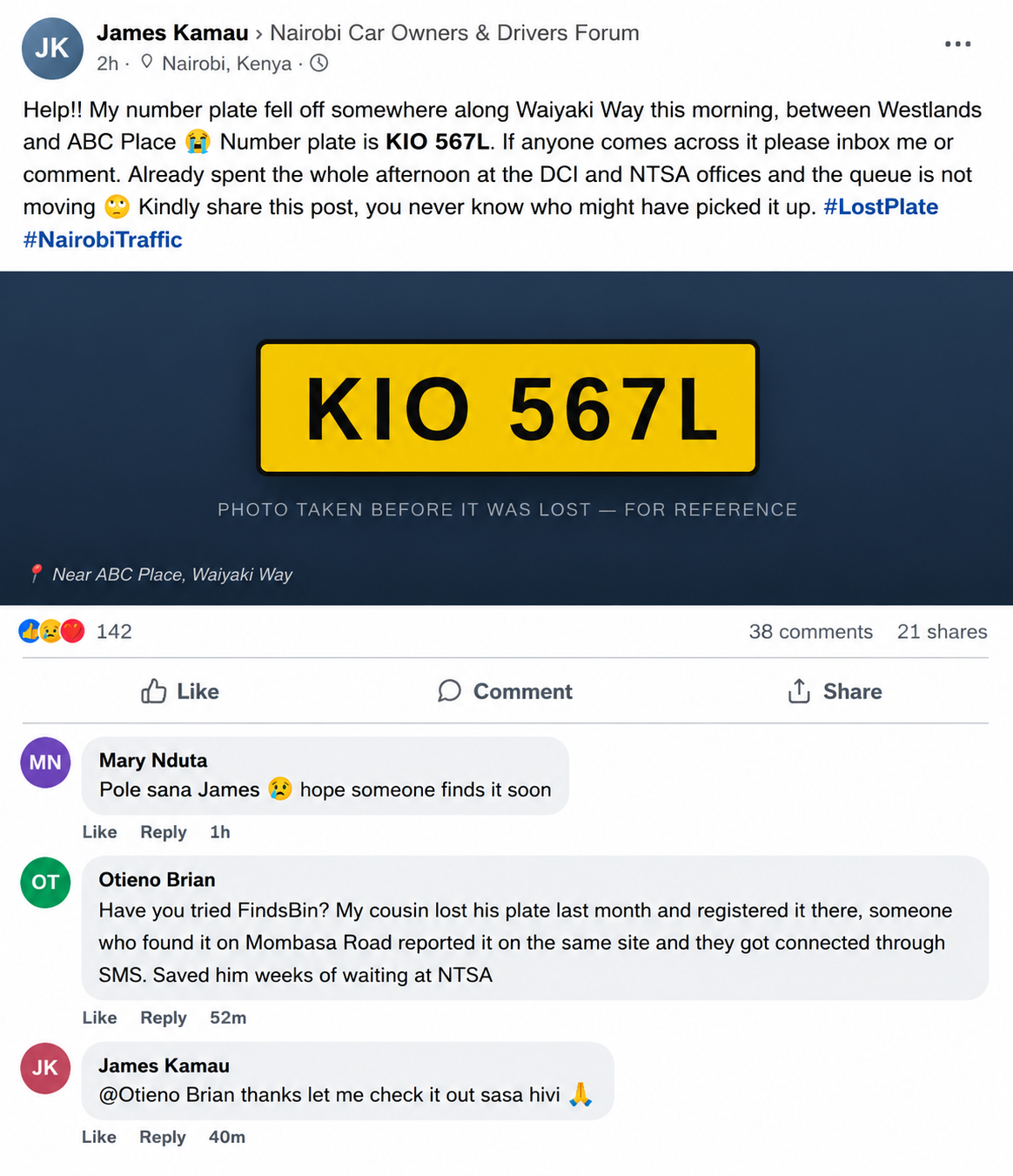 Facebook post of a driver reporting a lost number plate KDA 271J in a Nairobi car owners group, asking members to share the post